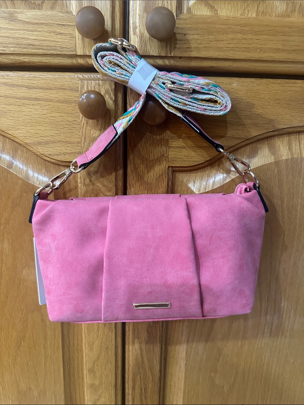 Simply Noelle Pink Suede Like  Crossbody with Multicolor Strap. New with tags.
